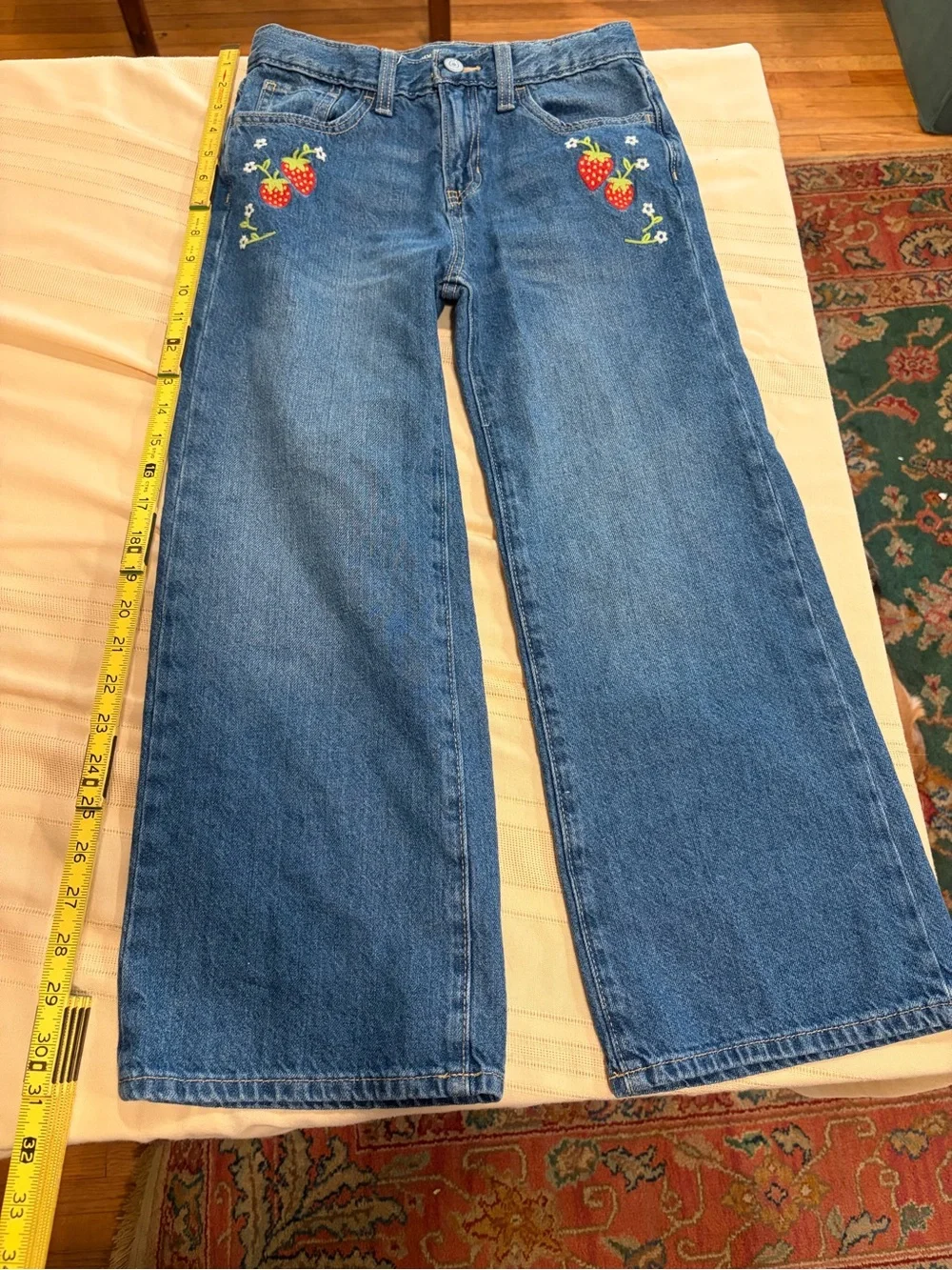 Girls 10 Old Navy Blue Wide-Leg Jeans with Strawberry Embroidery